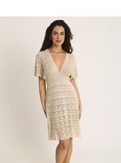 Vestido punto escote en V arena
